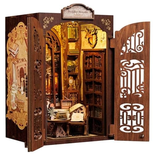 CUTEBEE Book Nook Kit - DIY Miniature House Dollhouse Kit for Adult and Teens, Booknook Bookshelf Decor Alley Model Build with LED Light, Gifts for Family and Friends (Bookshop Memories)