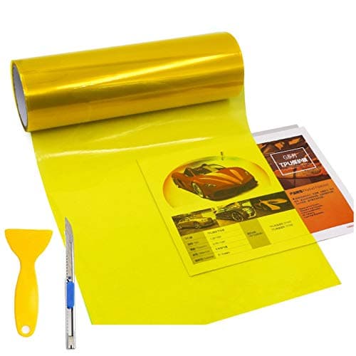KOMAS 12 X 48 Tint Vinyl Film Sticker Sheet Roll for Car Headlight Tail Lights Fog Lights with Squeegee Cutter Glossy Yellow