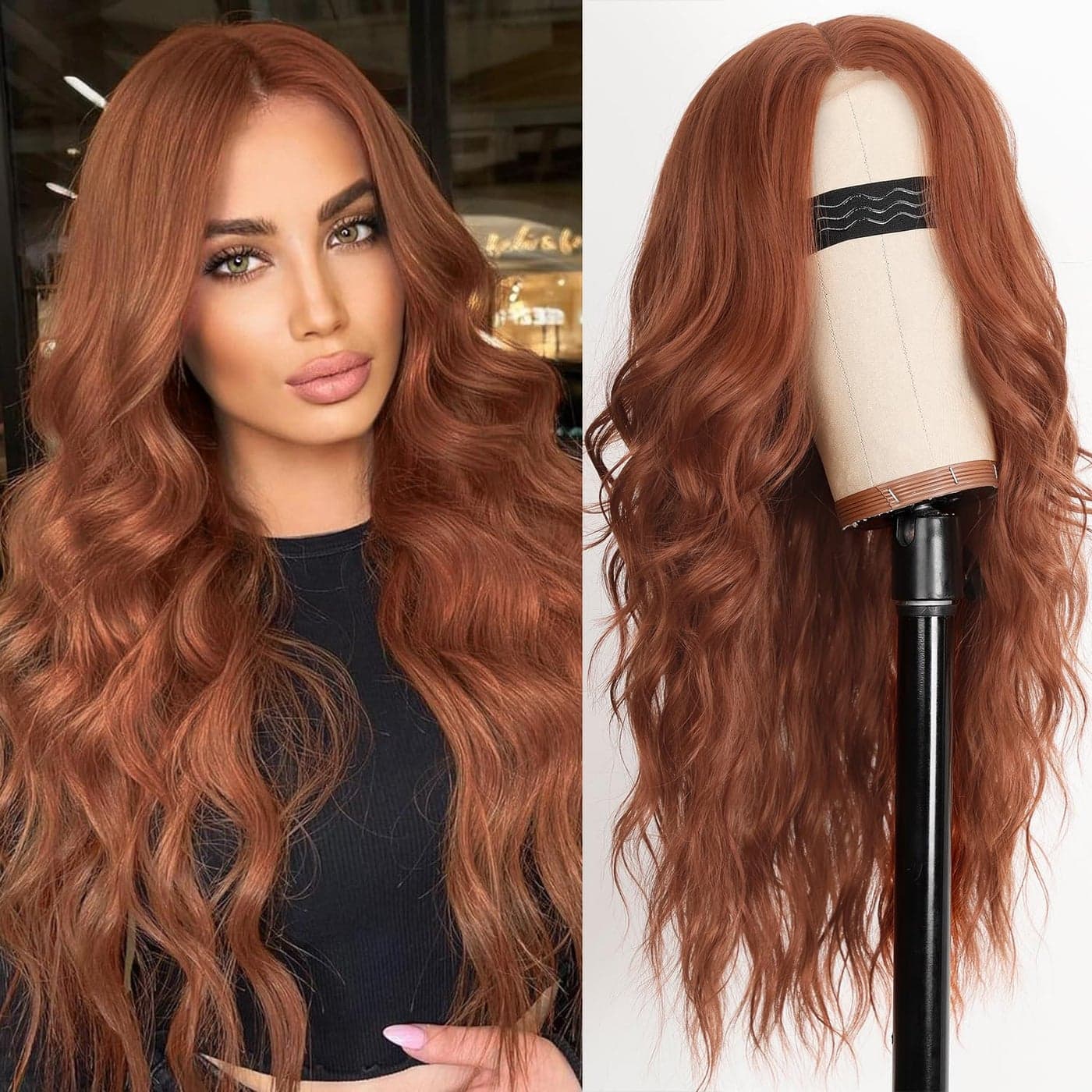 AISI HAIR Auburn Wigs for Women Long Wavy Lace Hairline Middle Part Synthetic Heat Resistant Wig for Daily Party26 Inch