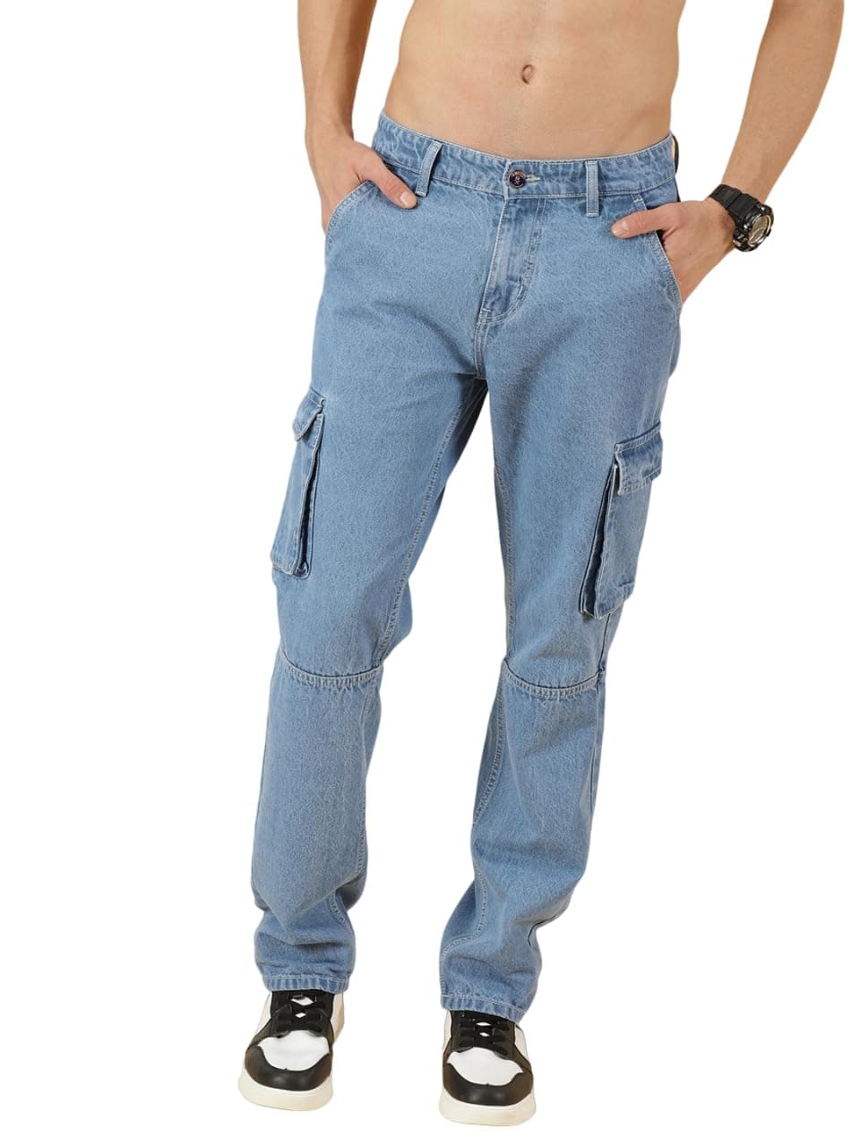 Thomas Scott Men's Relaxed Fit Cargo Jeans (TSJ086-LightBlue, 34)