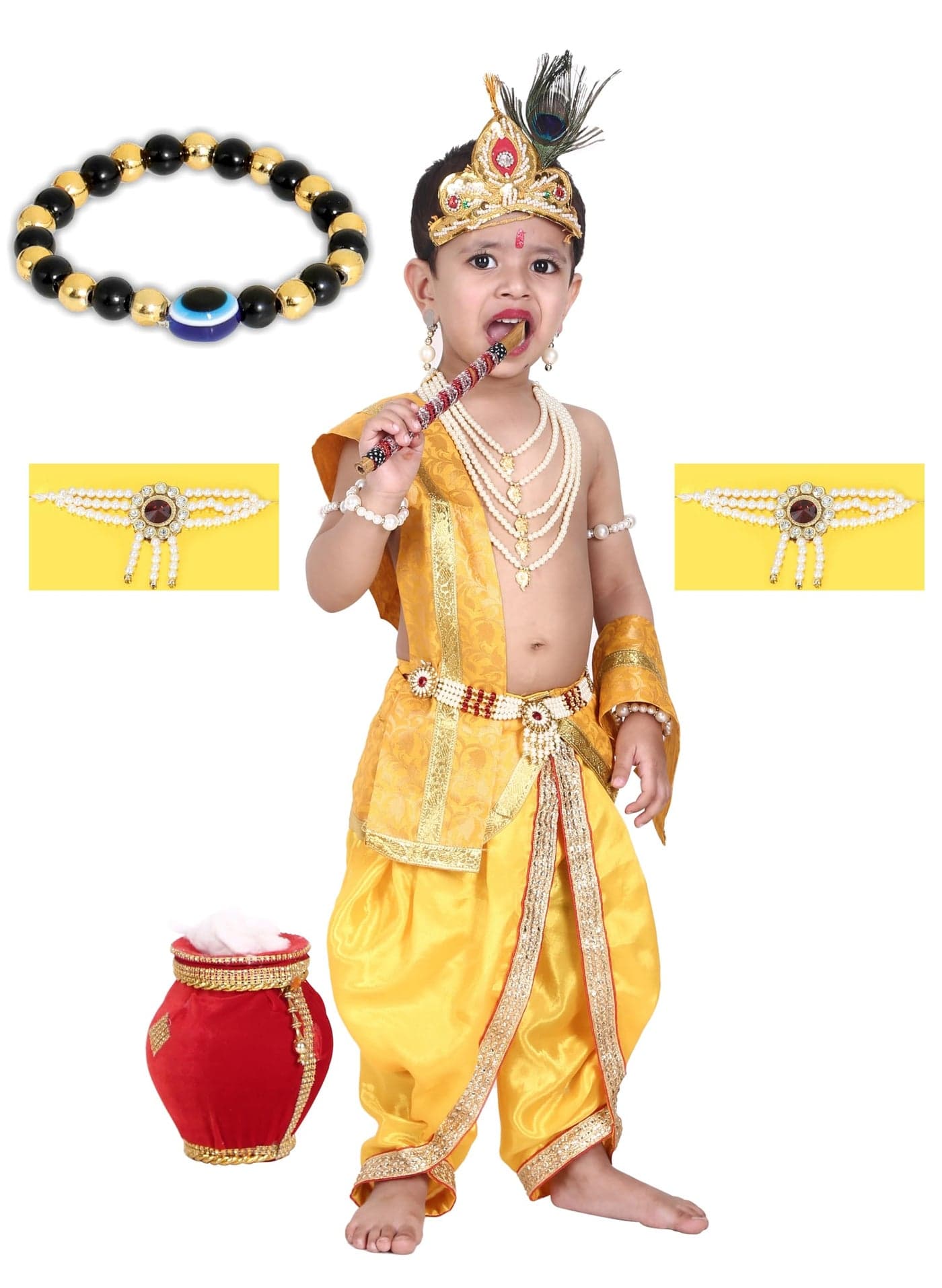 Raj Costume Fabric Fancy Dresses Shri Krishna Dress For Baby Boy & Girl, Janmashtmi Dress With Diaper-Friendly Dhoti & Dupatta, Mor Pankh Mukut (Yellow And Yellow, 1 Year)