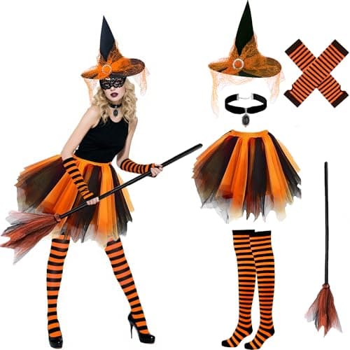 Shitailu Halloween Witch Costume for Women Adult Girls Gothic CosplayOutfit Set With Tutu Hat Broomstick Striped Socks Gloves Pendant Halloween Orange