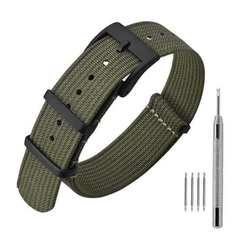 ANNEFIT Nylon Watch Band 20mm OnePiece Waterproof Military Watch Straps with Heavy Black Buckle Army Green