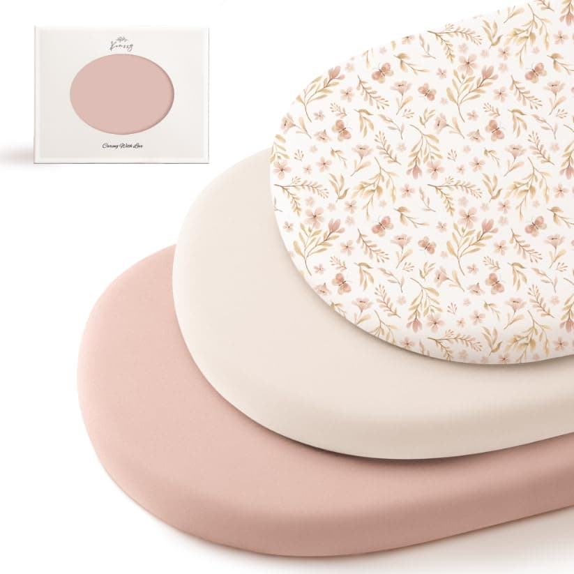 Konssy 3 Pack Stretchy Bassinet Sheets for Baby Girl Boy Soft Breathable Baby Bassinet Mattress Sheets Fit for Hourglass Oval Cradle Moses Basket Rectangle Mattress Pink Spring