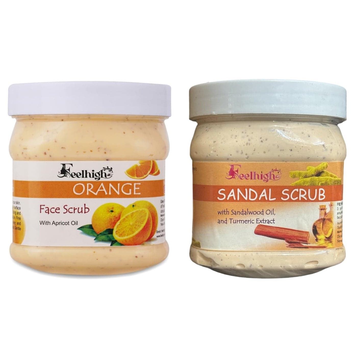Feelhigh Face and Body Orange Scrub Enriched with Apricot Oil Extract 500ml and Sandal Scrub Enriched with Sandalwood Extract 500ml For Man and Woman Pack 2