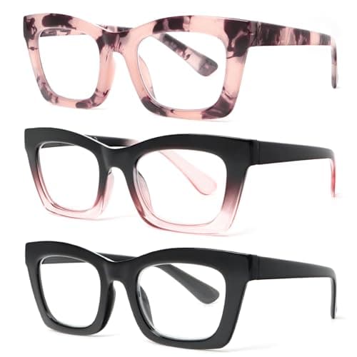 REAVEE Oprah Style Reading Glasses for Women Blue Light Blocking Computer Fashion Readers with Spring Hinge and Glasses pouch (Black/Pink/Tortoise +0.75)