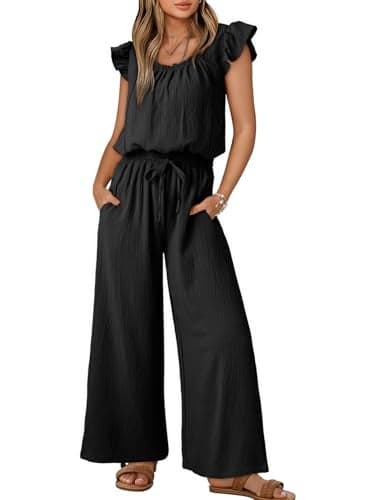Dokotoo Jumpsuits for Womens 2025 Spring Puff Sleeve Square Neck Maternity Flowy Romper Drawstring Smocked Waisted Wide Leg Cruise Sexy Outfits Plus Size with Pockets for Wedding,Black X-Large