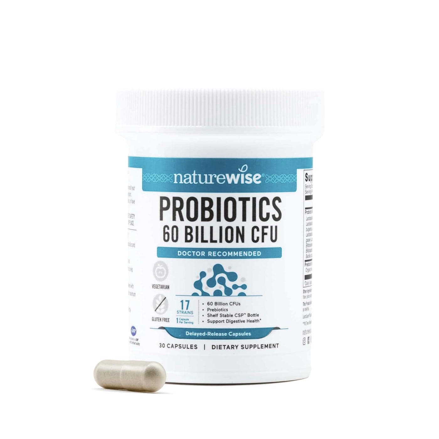 NatureWise Probiotics 60 Billion CFU 17 Strains Organic Prebiotics Immune Digestive Gut Health Support for Women Men Vegetarian GlutenFree NonGMO 30 Capsules1Month Supply