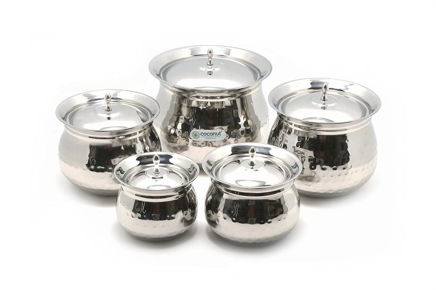 Coconut Gaze Hammered Stainless Steel Cookware Handi with Lids 5 Units Capacity 500 850 1400 2000 2500 ML