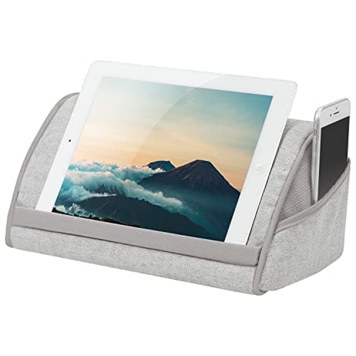 LAPGEAR Heritage Tablet Pillow Stand with Phone Pocket - Gray Herringbone - Fits Most Tablets - Style No. 35608