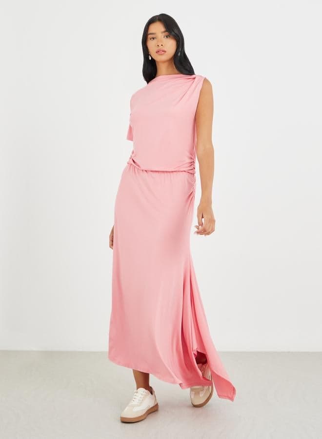 Take Two Solid One Short Sleeve Asymmetric Neck Maxi Dress — XL