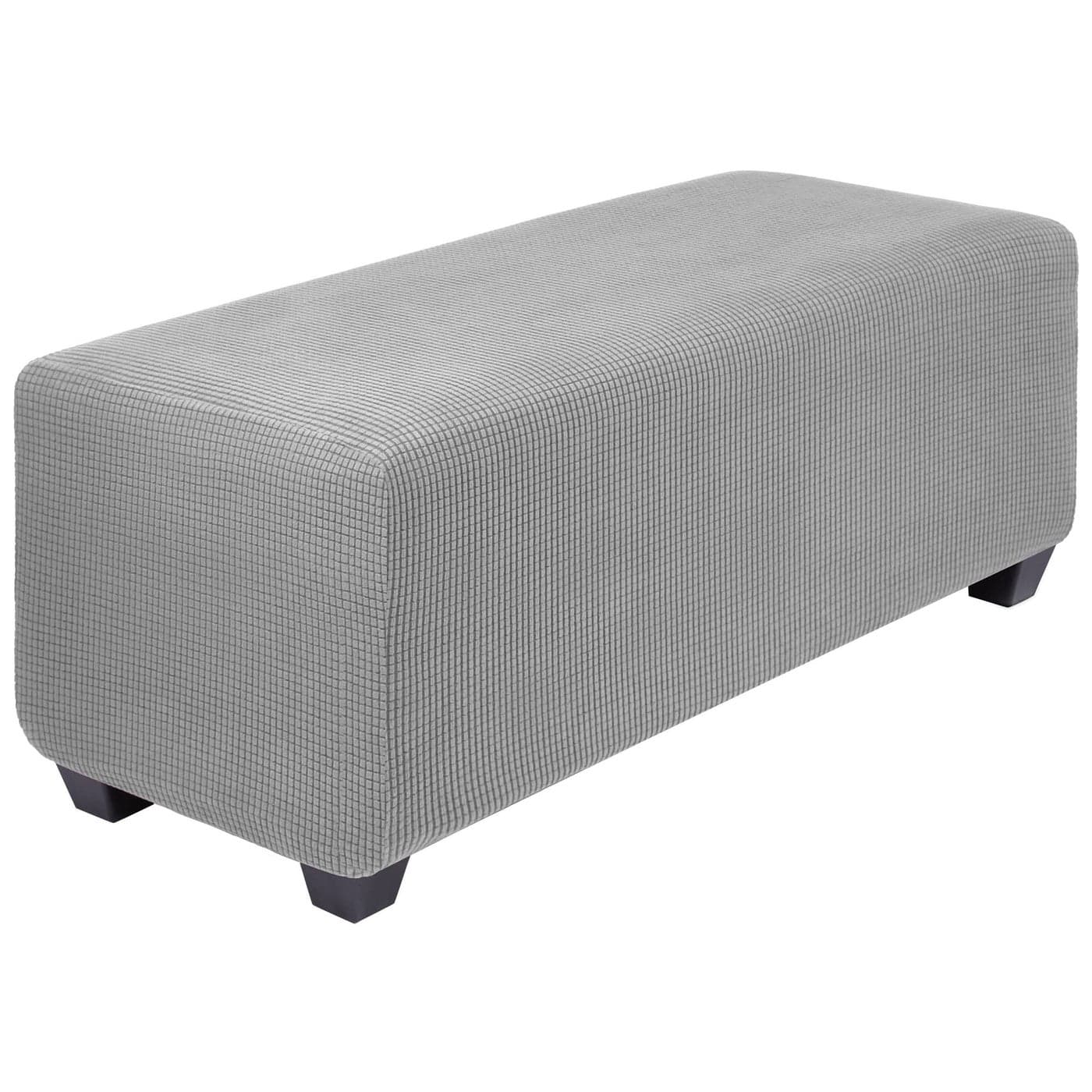 PiccoCasa High Stretch Ottoman Cover with Elastic Bottom Soft Slipcover Jacquard Fabric Small Checks Rectangle Storage Stool Cover Furniture Covers Large Light Gray
