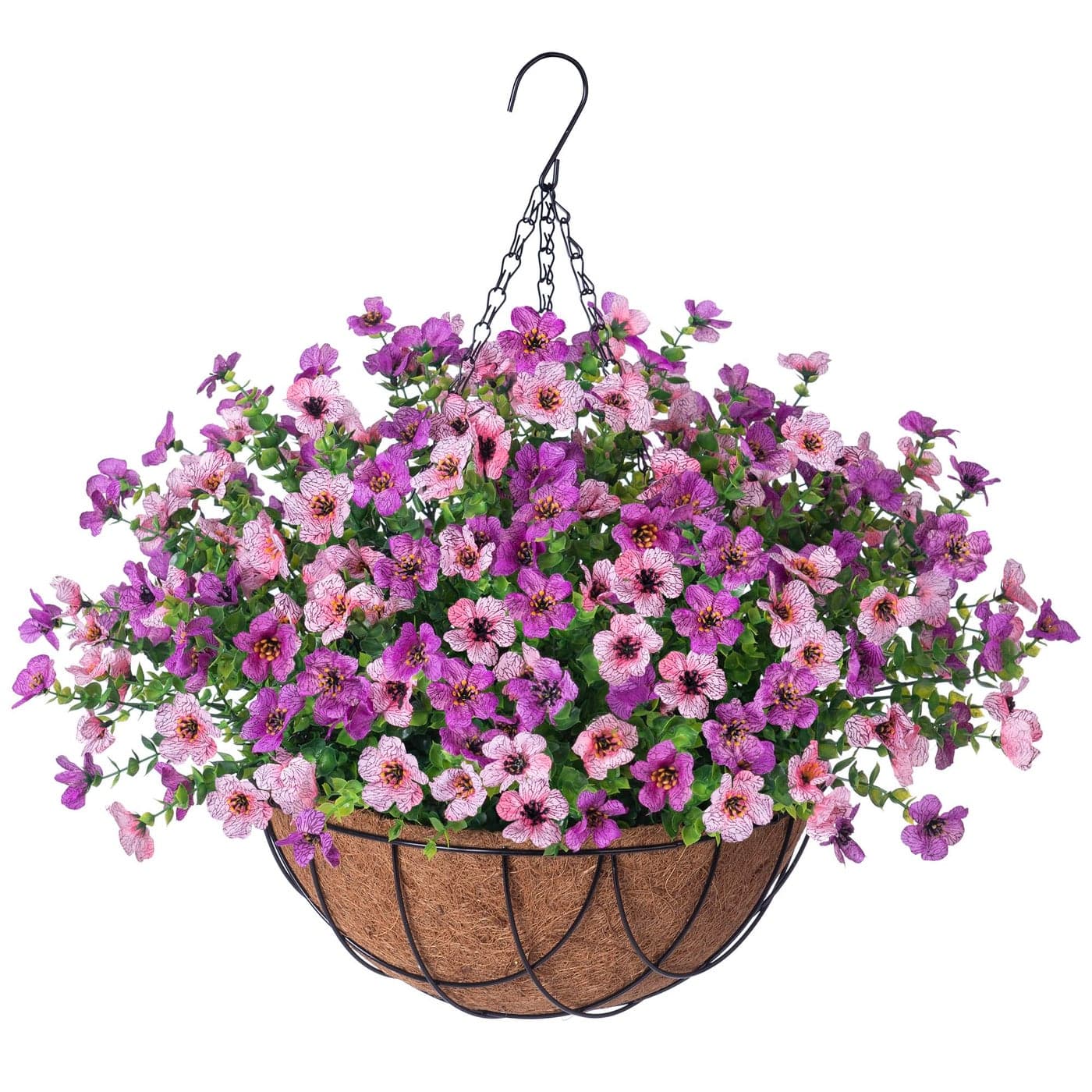 INXUGAO Artificial Silk Flowers Hanging Basket for Outdoor Indoor Daisy with Eucalyptus Leaves Arrangement for Garden Yard Spring Decor Faux Green Plant in Metal Coconut Lining PotPurple Pink