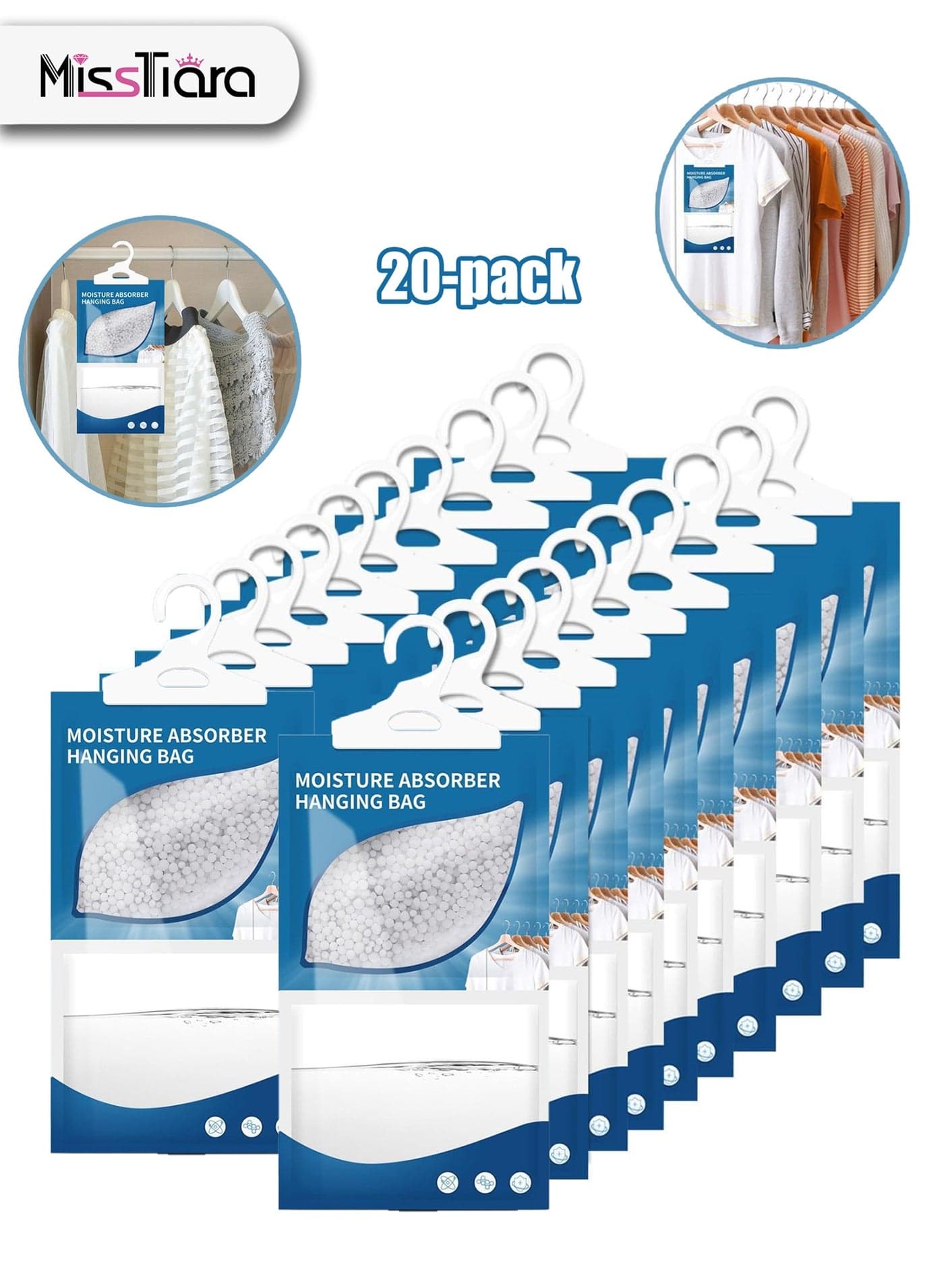 Moisture Absorbers Packets (230g/pack) - 20 Pack, Dehumidifier Bags, Hanging Closet Dehumidifier Bags, Desiccant, Fragrance Free for Closet, Hanging Humidity Absorber in Wardrobes, Bedrooms, Bathrooms