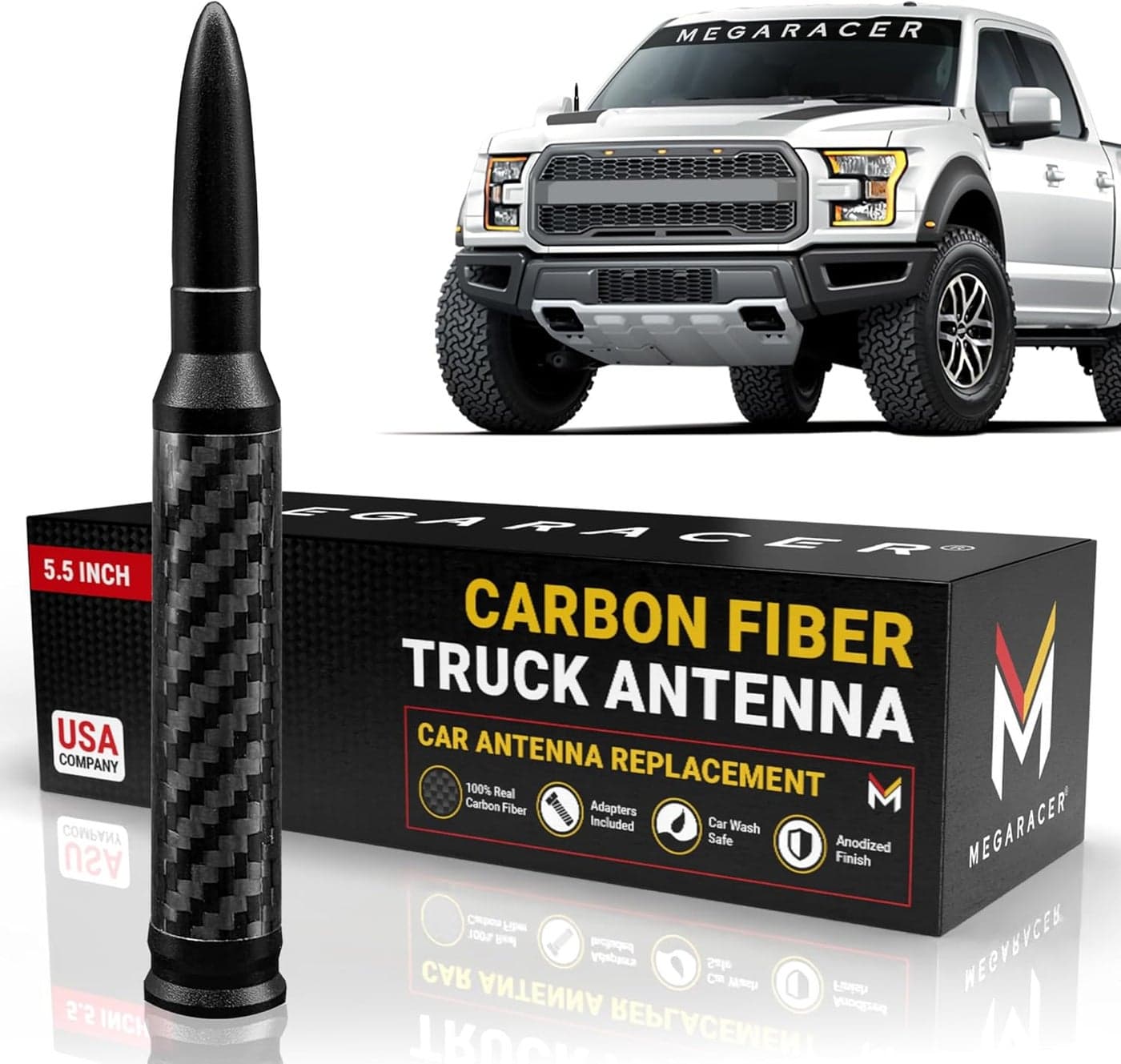 Mega Racer 100% Real Carbon Fiber Black Car Antenna - 5.5 Inch Universal Fit