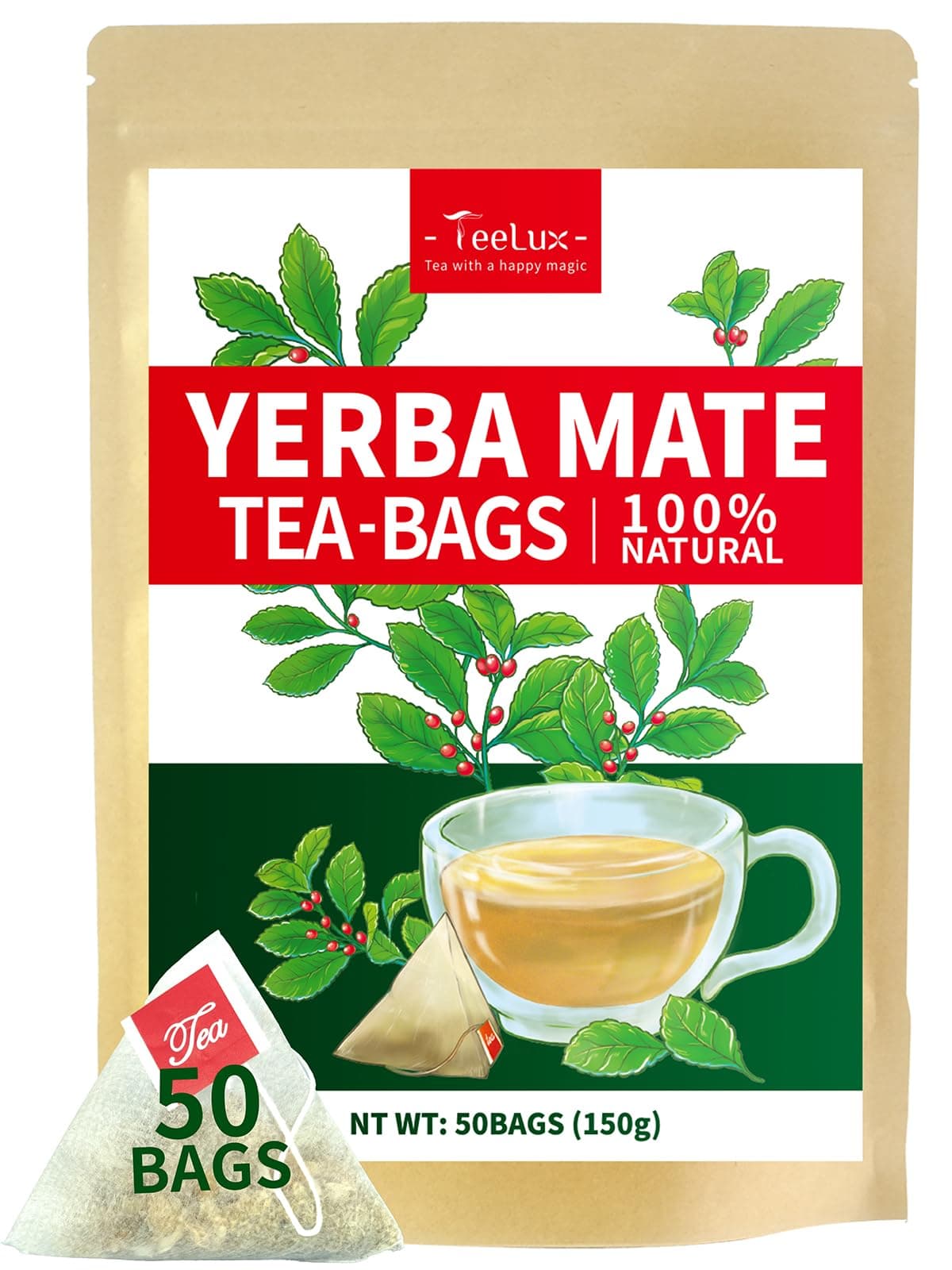 TeeLux Yerba Mate Tea Bags, 3g/bag, Unsmoked Yerba Mate Tea, Rich in Antioxidant, Hot & Iced Tea, 50 Count