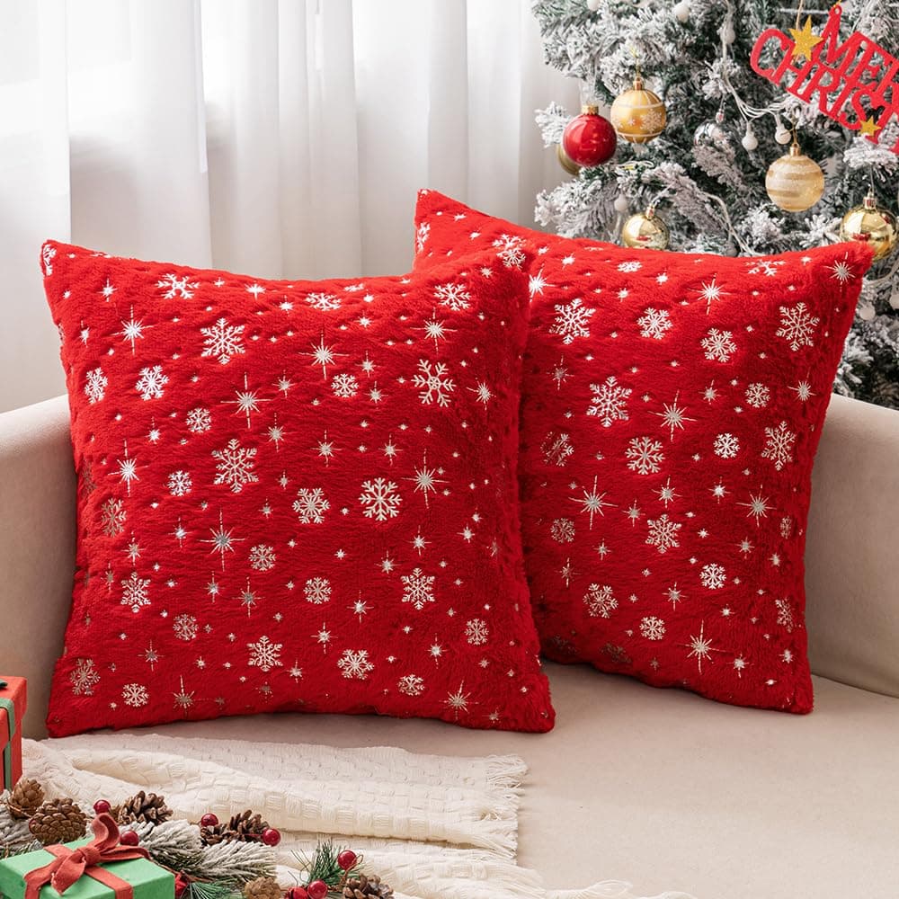 MIULEE Set of 2 Christmas Decorative Throw Pillow Covers Soft Faux Fur Winter Pillow Covers with Silver Snowflake Glitter Holiday Festival Pillowcases for Couch Sofa Bed 1818inch Red