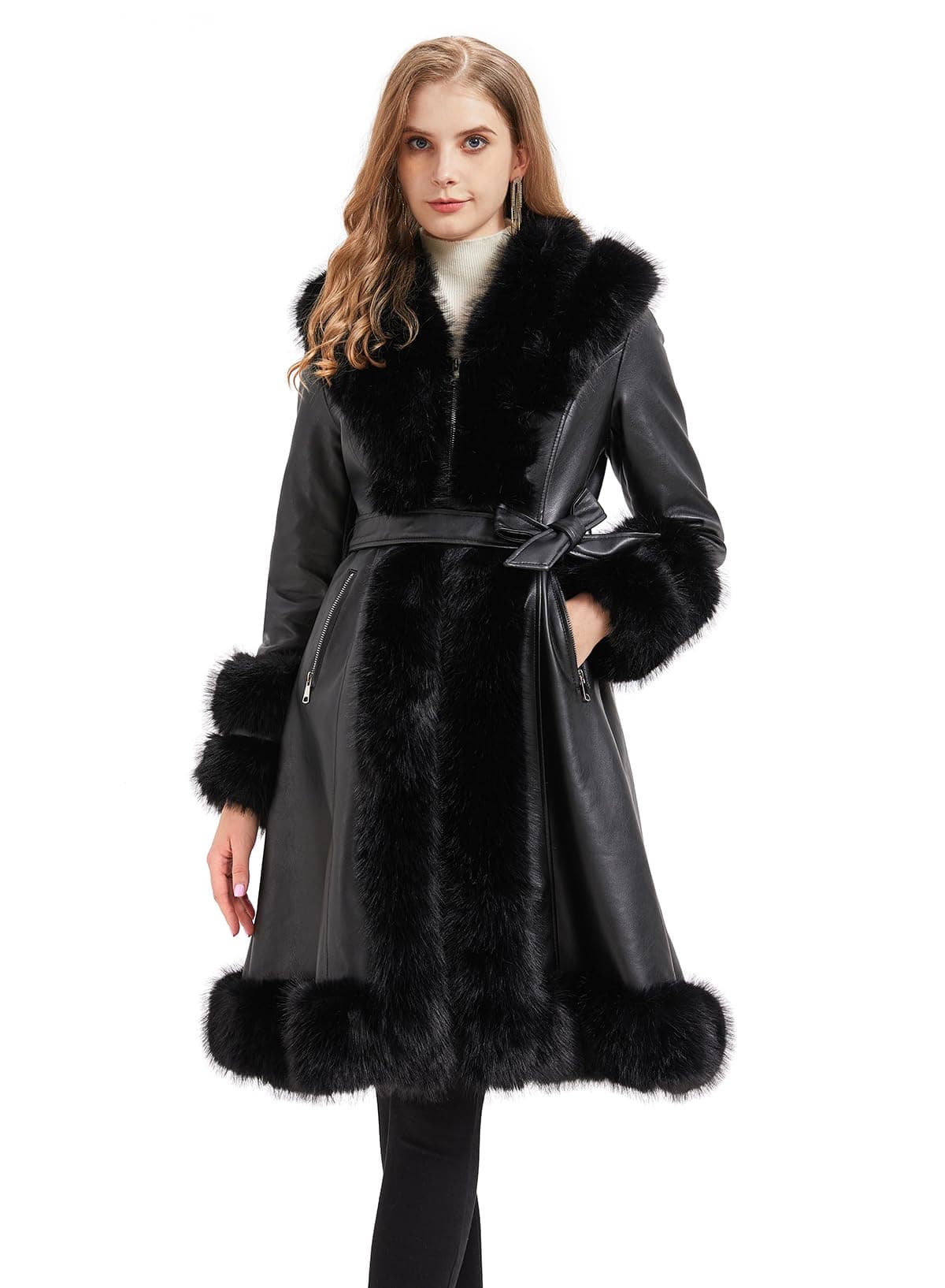GRAN ORIENTE Women's Faux Leather Long Trench Jacket Zipper Up, Winter Warm Lined Trim Parka Coat With Collar (GK087 Black M)
