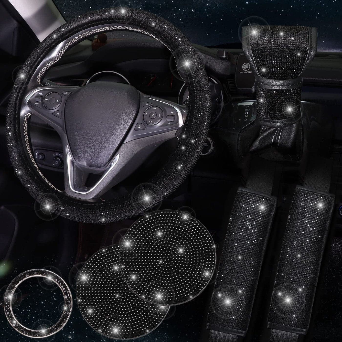 ToBeQueen 7Pack Black Bling Car Accessories Crystal Diamond Set 15Inch Seat Belt Covers Gear Shift Cover Push Start Button Ring Car Coaster