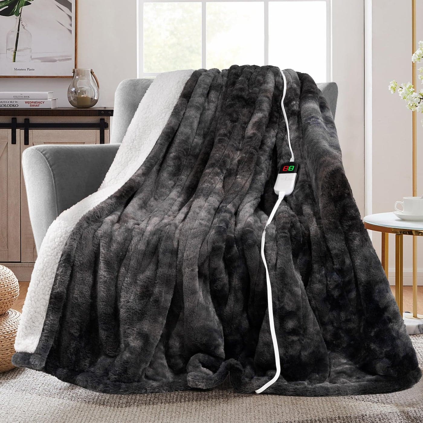 MAXEVE Electric Heated Throw Faux Rabbit Fur Blanket with 8 Heating Levels 8 Hours Auto Off Fast Heating Warm Cozy Sherpa Washable Blanket with OverHeat Protection ETL Certification Grey