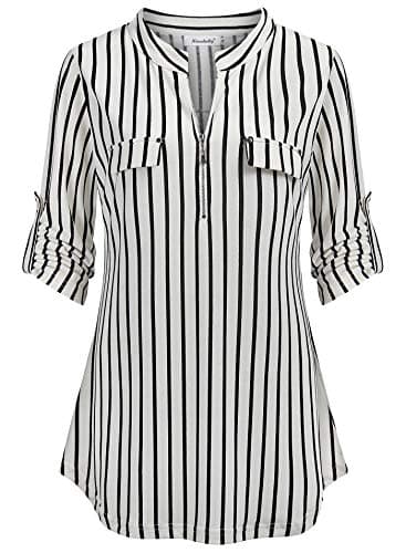 Ninedaily Business Casual Tops Women, Work Blouses Dressy Summer Shirts Trendy 2025 Fall Outfits Office Attire Uniform Ladies Tops and Blouse Linen Fashion Stripe Tunics for Women Black White,XL