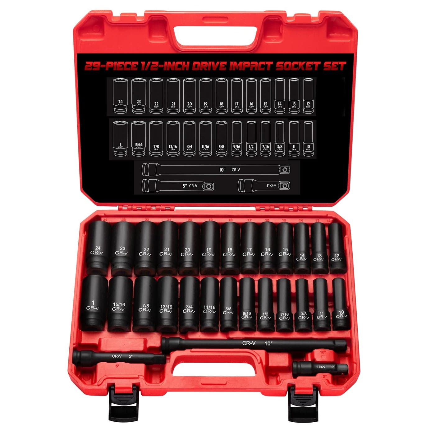 12 Drive Impact Socket Set 29Piece CrVM Steel Deep Socket SAE38 1 Metric1024mm Sizes with Extension Bar Come with Storage Case