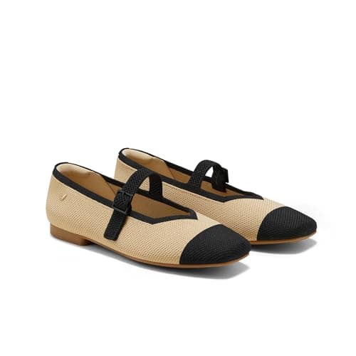 VIVAIA Margot Mary Jane Women Flat Shoes Comfortable Slip on Square-Toe Ballet Flats with Arch Support Washable Shoe Nude/Black Size 8.5