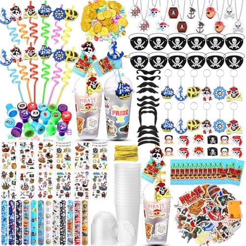 Spakon 327 Pcs Pirate Party Favors Supplies Include Pirate Pendants Bracelets Cup Straw Keychains Rings Eye Masks Mustache Tattoo Stickers Gold Coins Cards for Birthday Party