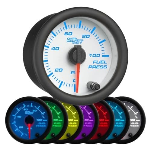 GlowShift White 7 Color 100 PSI Fuel Pressure Gauge Kit - Includes Electronic Sensor - White Dial - Clear Lens - for Car & Truck - 2-1/16" 52mm