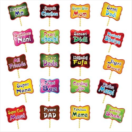Creative Props Indian Family Photo Props, Wedding and Party Name Cut-Outs, 7.3 x 5.4 inch, Set of 20 Colourful Signs