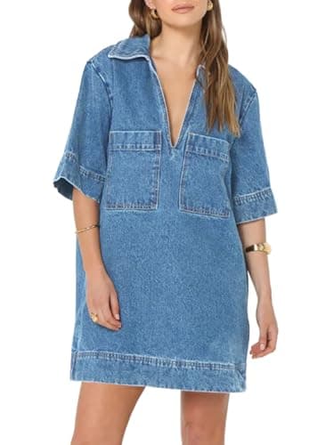 Fisoew Womens Denim Shirt Dress Summer Collared V Neck Mini Casual Jean Dresses with Pockets Light Blue
