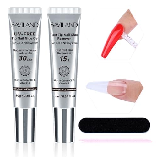 SAVILAND No Curing Nail Glue Gel with Remover 30Day LongLasting Semi Solid Nail Glue for Press On Nails Air Dry Extra Strong Nail Bond Glue No UV Lamp Needed Fast False Nail Remover for Home Use