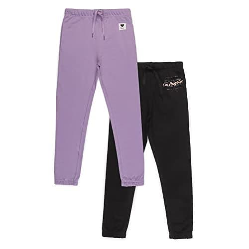 Alan Jones Clothing Girls Pack of 2 Joggers Track Pants | Side Pockets | Elastic Waist with Drawstring | Regular Fit | Age 5-16 Years | Lavender, Black_13-14 Years