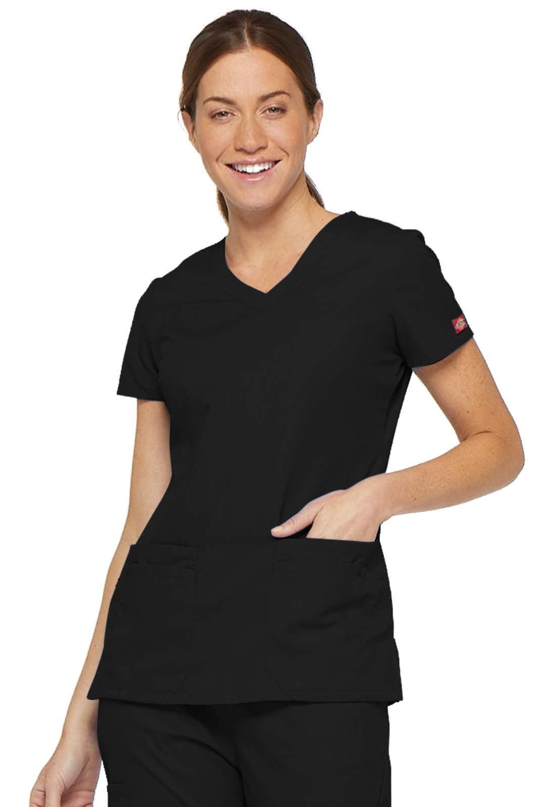 Dickies EDS Signature Scrubs for Women, Contemporary Fit V-Neck Womens Tops in Soft Brushed Poplin 85906, Black, X-Large