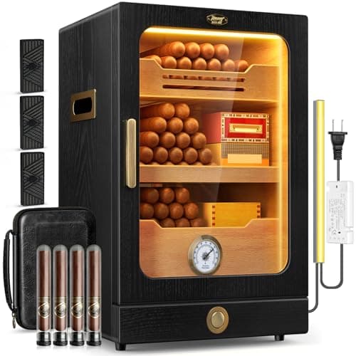 Tesonway Cigar Humidor, Desktop Cigar Humidor Cabinet Light Control System with Spanish Cedar Wood Shelves, Hygrometer, 3 Humidifiers and Cigar Accessories Drawer, Father's Day Gift for Men (Black)