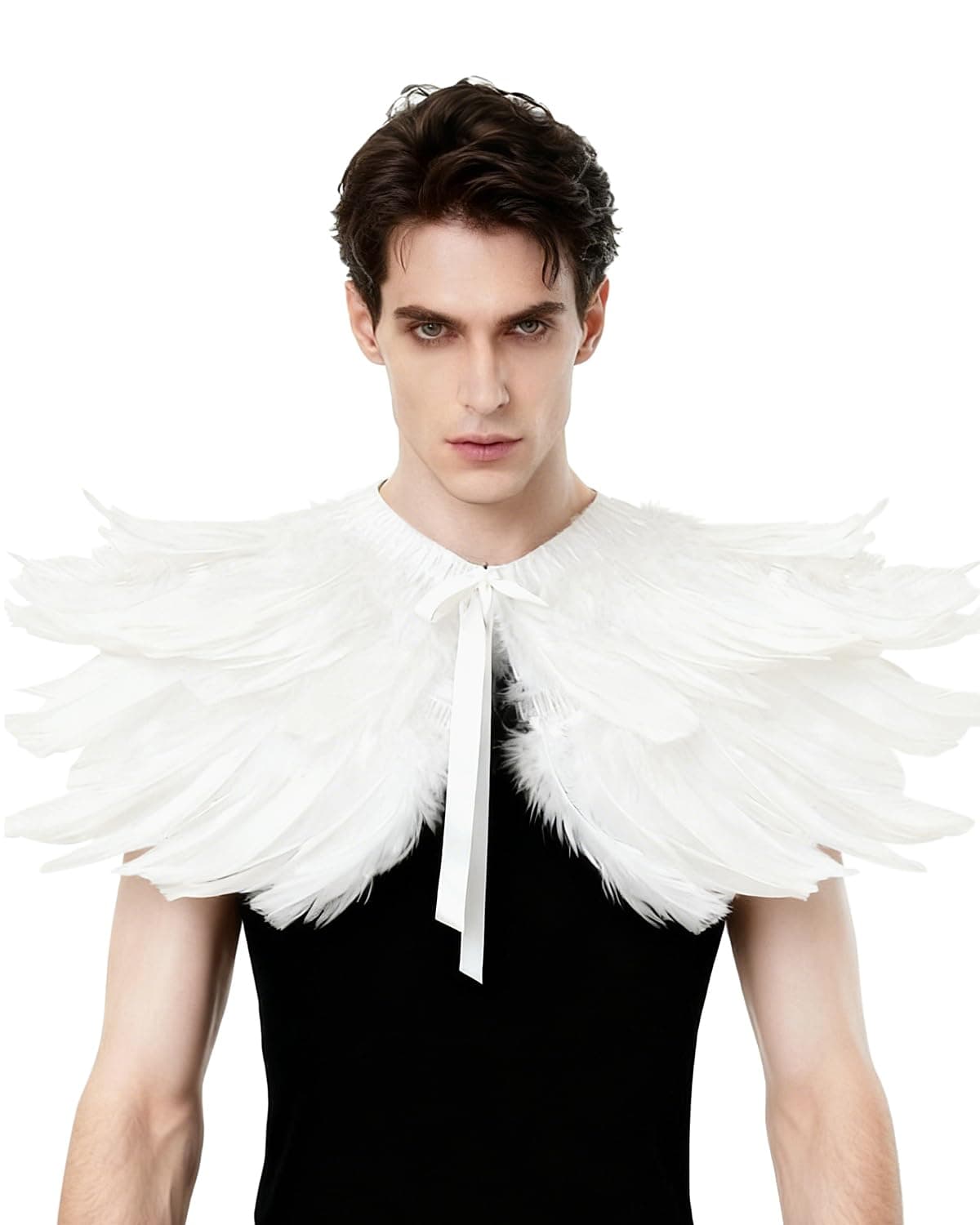 L'VOW Men' Gothic Natural Feather Shrug Shawl Cape Stole Collar Halloween Costumes (White-06)
