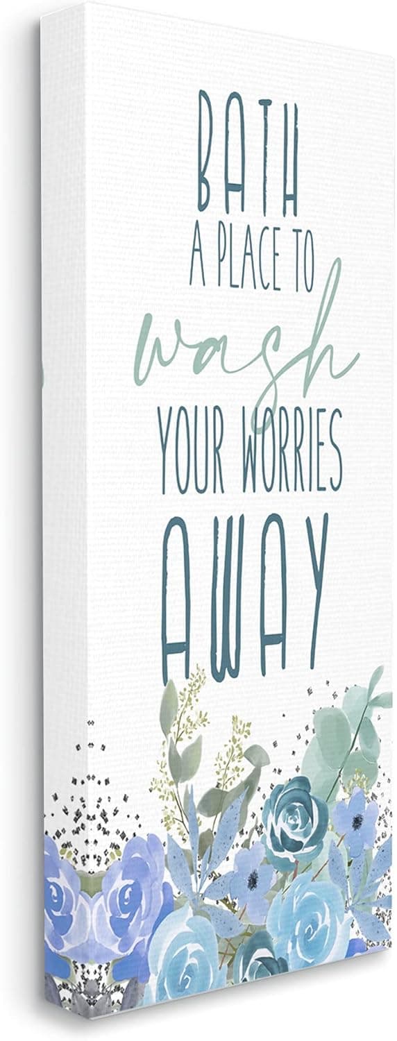Stupell Industries Bath Definition Wash Worries Away Phrase Blue Florals Designed by Kim Allen Canvas Wall Art 20 x 48