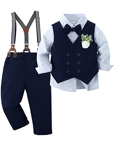 YALLET Toddler Baby Boy Clothes Suit Gentleman Wedding Outfits, Formal Dress Shirt+Bowtie+Vest+Boutonniere+Suspender Pants(V Navy Blue, 4-5T)