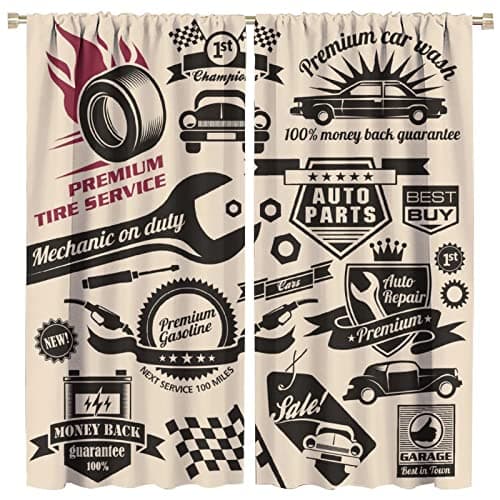 GoDazzling Retro Blackout Curtains Window, Car Repair Shop Logos Monochrome Car Silhouettes Best Garage in Town, for Living Room Bedroom 42x45in 2 Panels