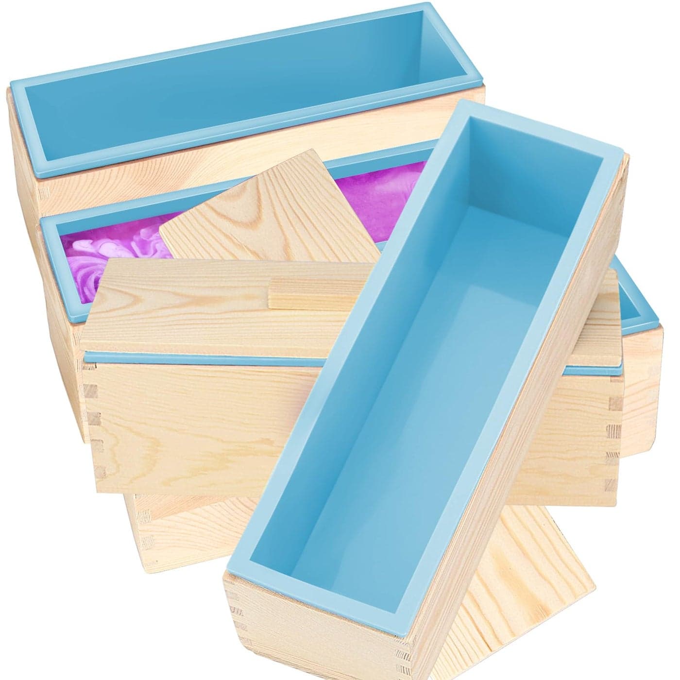 ZOENHOU 3PCS 42oz Blue Soap Molds Flexible Rectangular Silicone Soap Making Molds Kit with Wood Box DIY Tool Set for Soap Making Supplies