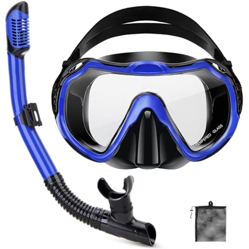 PIYAZI Snorkeling Gear for Adults, Adult Snorkel Set with Panoramic Anti-Leak and Anti-Fog Tempered Glass Snorkel Mask, Dry Top Snorkel, Snorkle Mask Set Adult with Mesh Bag Ear Plug for Snorkeling