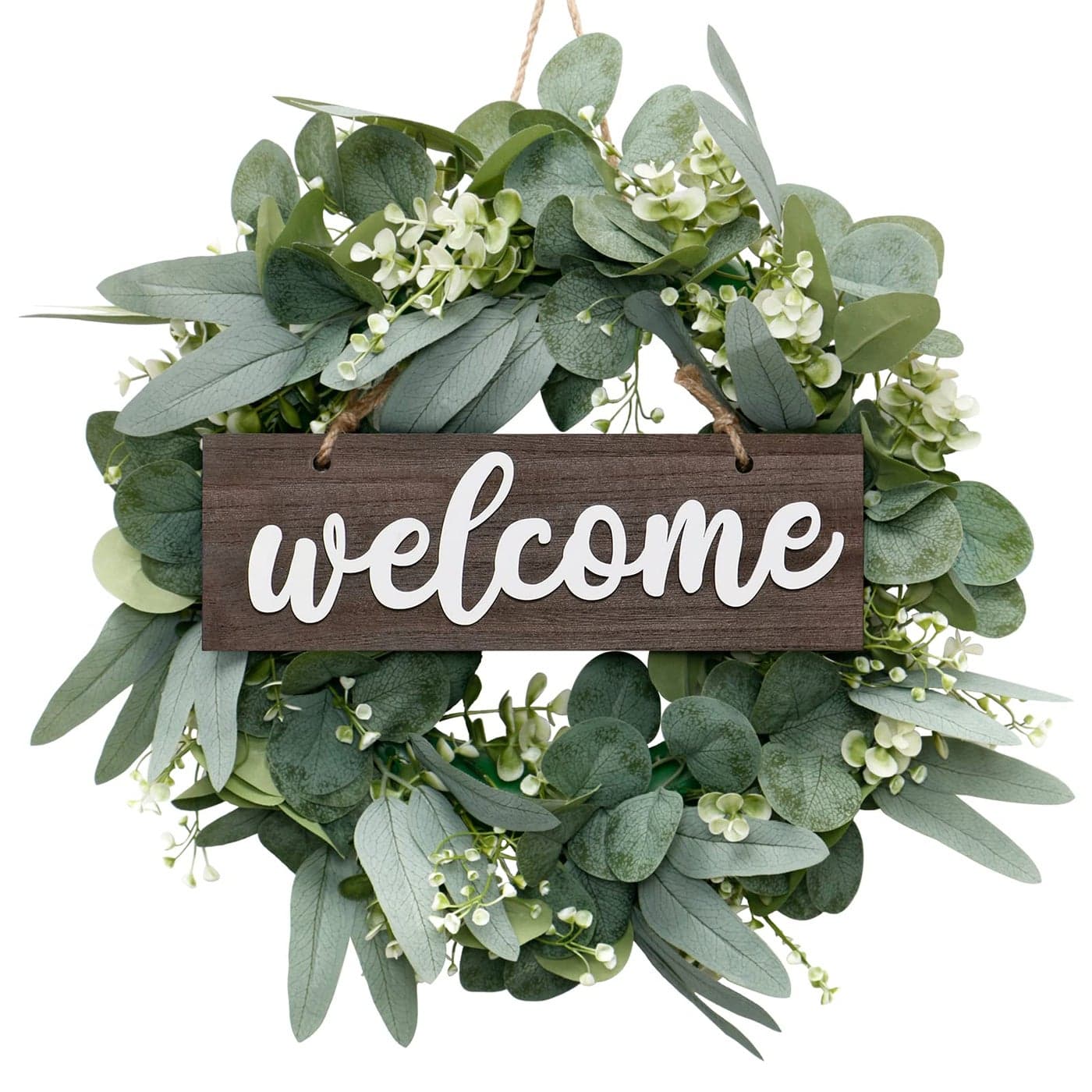 LOMOHOO Eucalyptus Leaves Wreath for Front Door18inches Farmhouse Wreath with Welcome Sign Festival Ornaments Home Decor Spring Summer Decorating for Home Window Outdoor Use