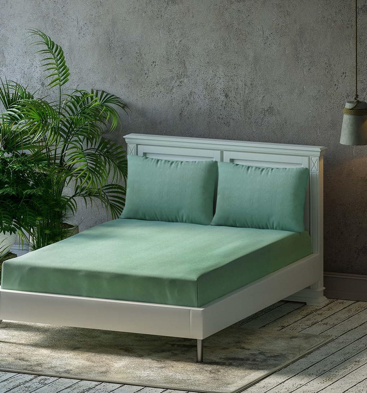 Trance Home Linen Premium 300 TC Pure 100% Cotton Fitted Bedsheet with 2 Pillow Covers (84 x 78 inch, Aqua Green | All Side Elastic)