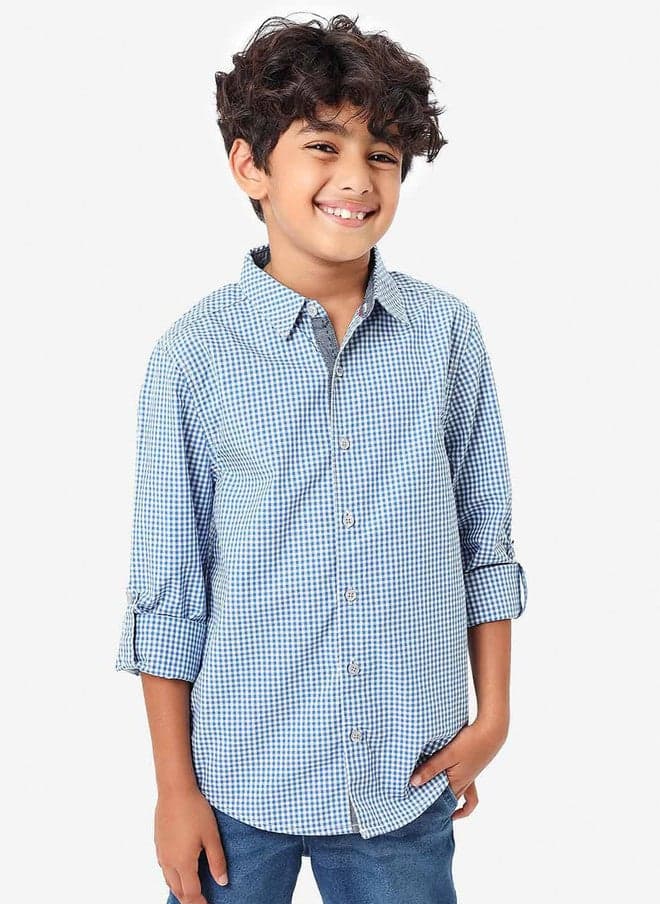 BONKIDS Boys Checked Spread Collar Casual Cotton Shirt