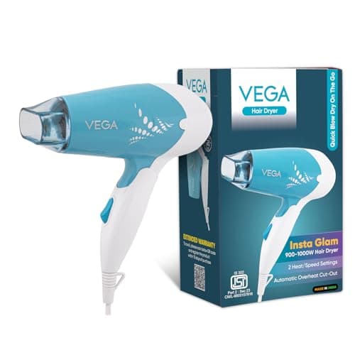 Vega Insta Glam Foldable 1000 Watts Hair Dryer for Men and Women with 2 Heat & Speed Settings, Detachable Nozzle, Automatic Overheat Cut-out, VHDH-29, (Made in India)