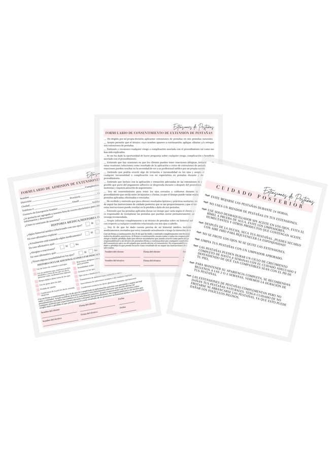 SPANISH Lash Extensions Intake, Consent and Aftercare Form | 75 Pack | 8.5x11" inch Paper Size Form | Eyelash Extension Supplies | En español | White & Pink Design