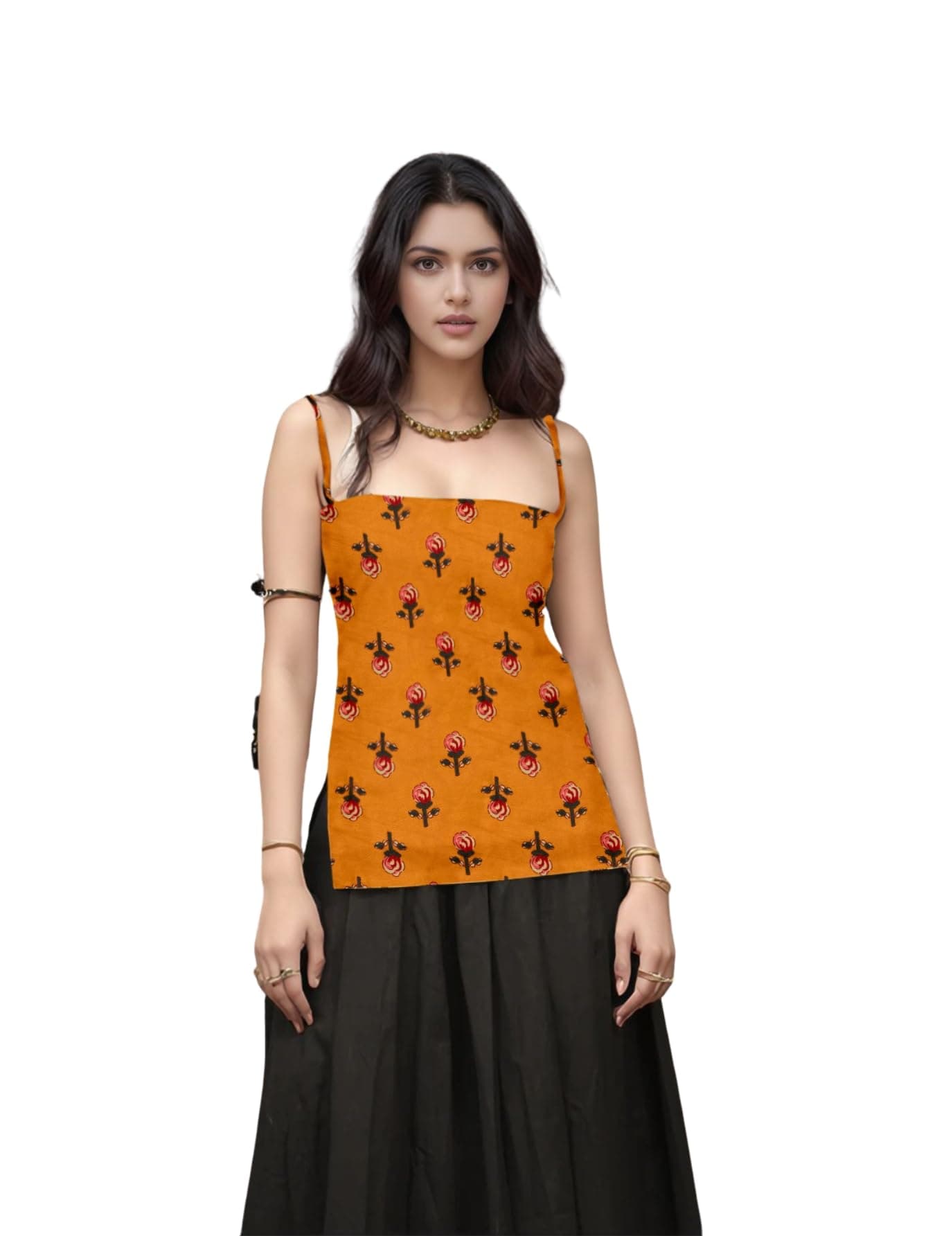 Aahwan Orange Printed Square Neck Sleeveless Backless Short Indo-Western Ethnic Kurti Top for Women's & Girl's Ethnic Top for Women's & Girl's(356-Orange-XS)