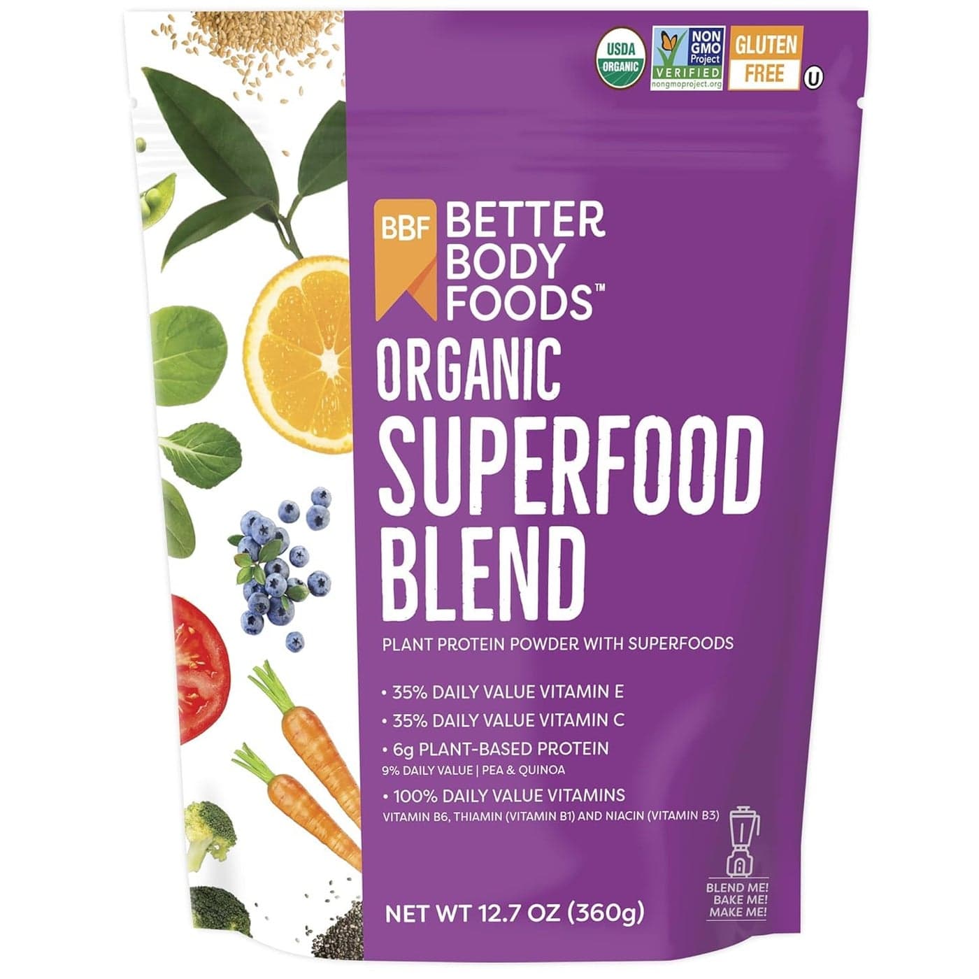 BetterBody Foods Organic Superfood Powder with Protein Vitamins C E and B12 127 oz