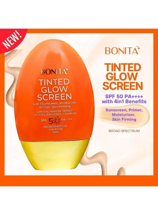 Bonita Tinted Glow Screen 50ml Sunscreen Primer Moisturizer, High Protection SPF 50 PA++++ Formula With Retinol Niacinamide And Vitamins, Designed To Nourish Skin, Minimize Dullness And Provide Seamless Makeup Application Results
