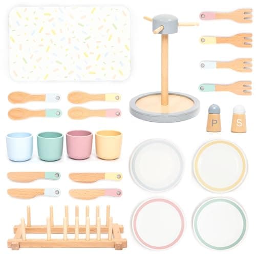 UMU Large Wooden Dish Set 28Piece Tableware for Kids Play Kitchen with Plates Cups Cutlery Drying Rack Pretend Play Kitchen Accessories for Children Ages 3 4 5 6